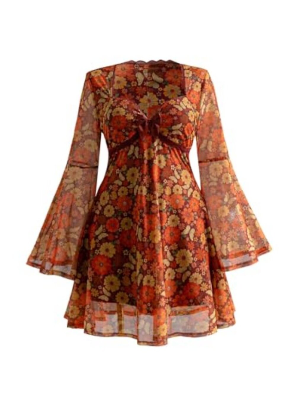 Plus Size Boho Lace Mini Dress Paisley Long Sleeve Sweetheart Neck A-Line